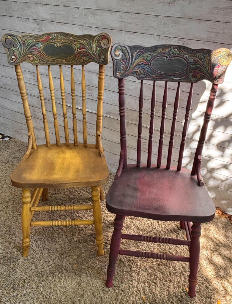 Country Farm Chairs with Hand-Painted Carved Backs