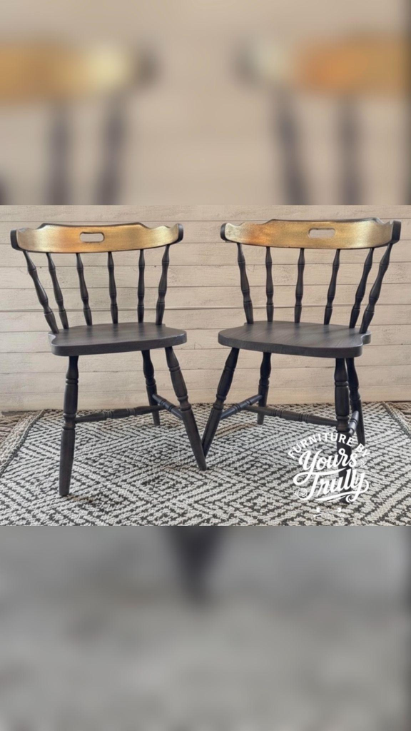 Farmhouse Spindle-Back Chairs with Gold Leaf
