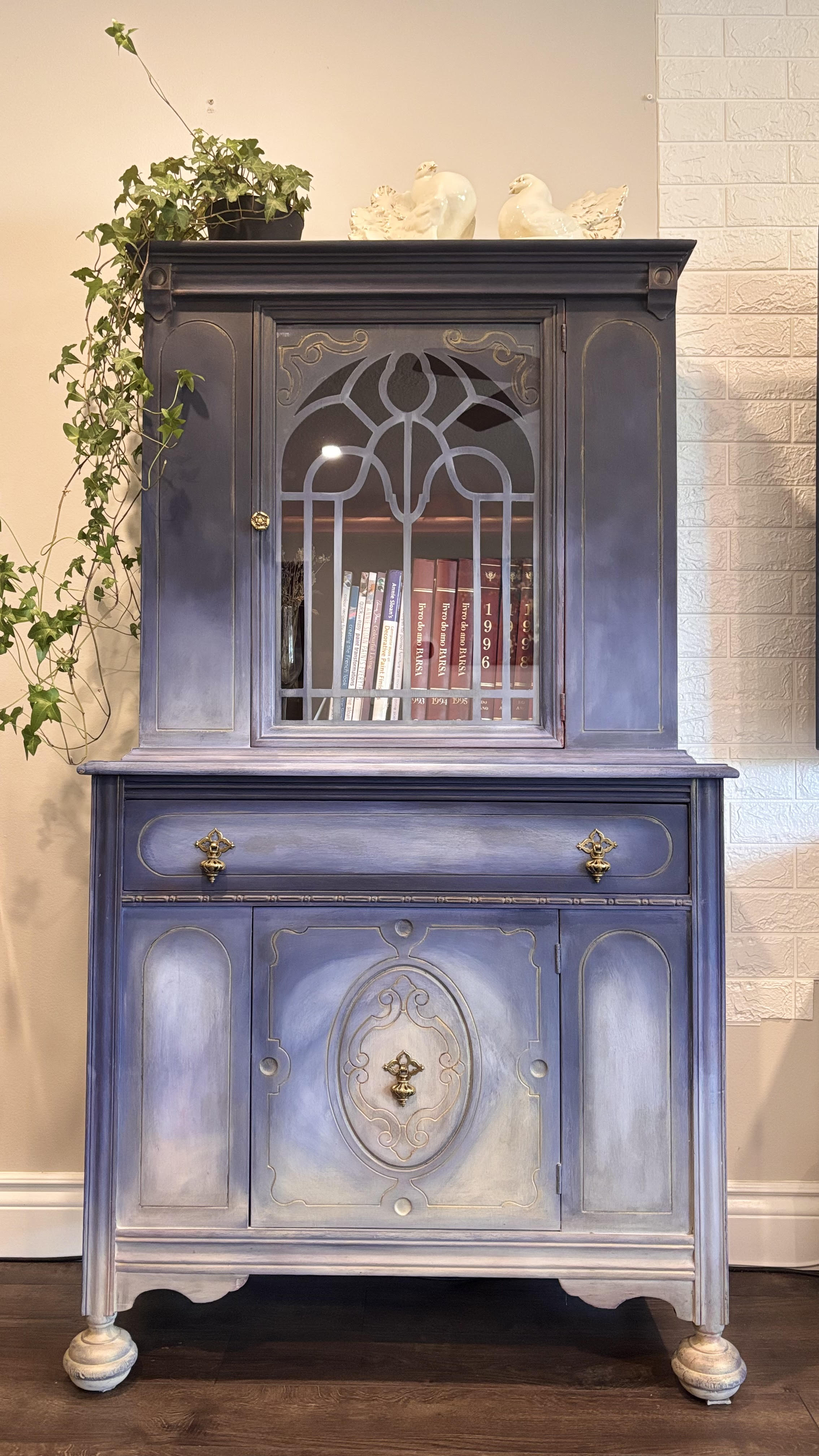 Art Deco China Cabinet in Oxford Blue and Cream