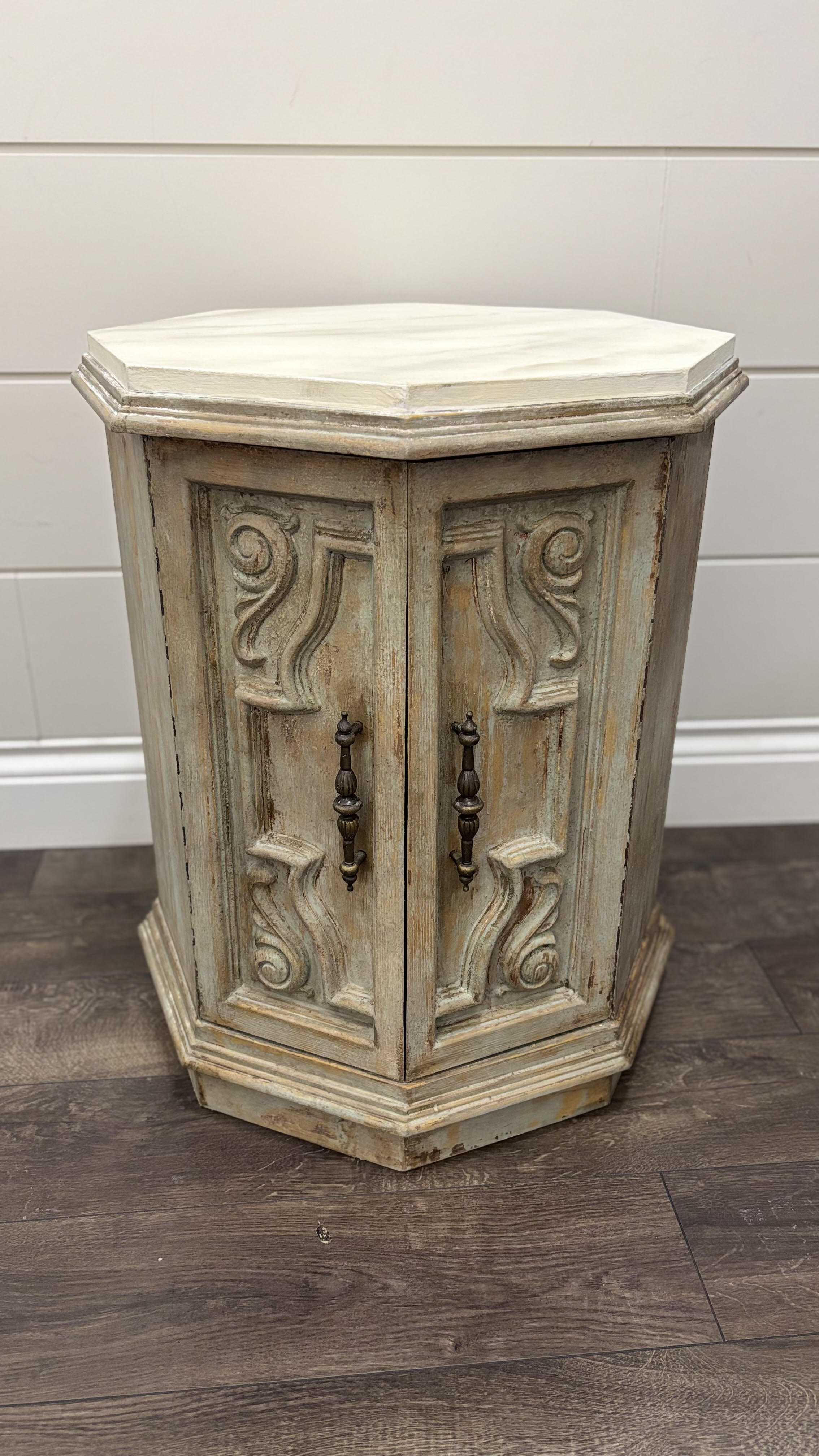 Octagonal Carved Cabinet with Tuscan Fire Patina